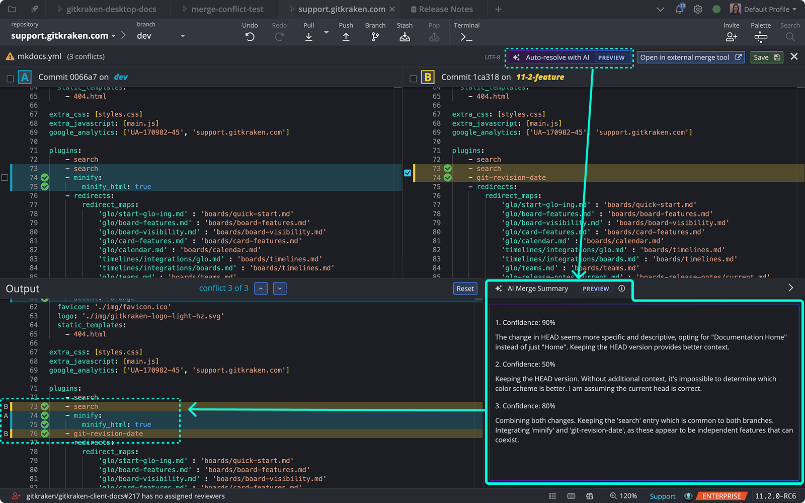 GitKraken merge conflict view showing AI-generated summary and resolution suggestions with confidence scores.