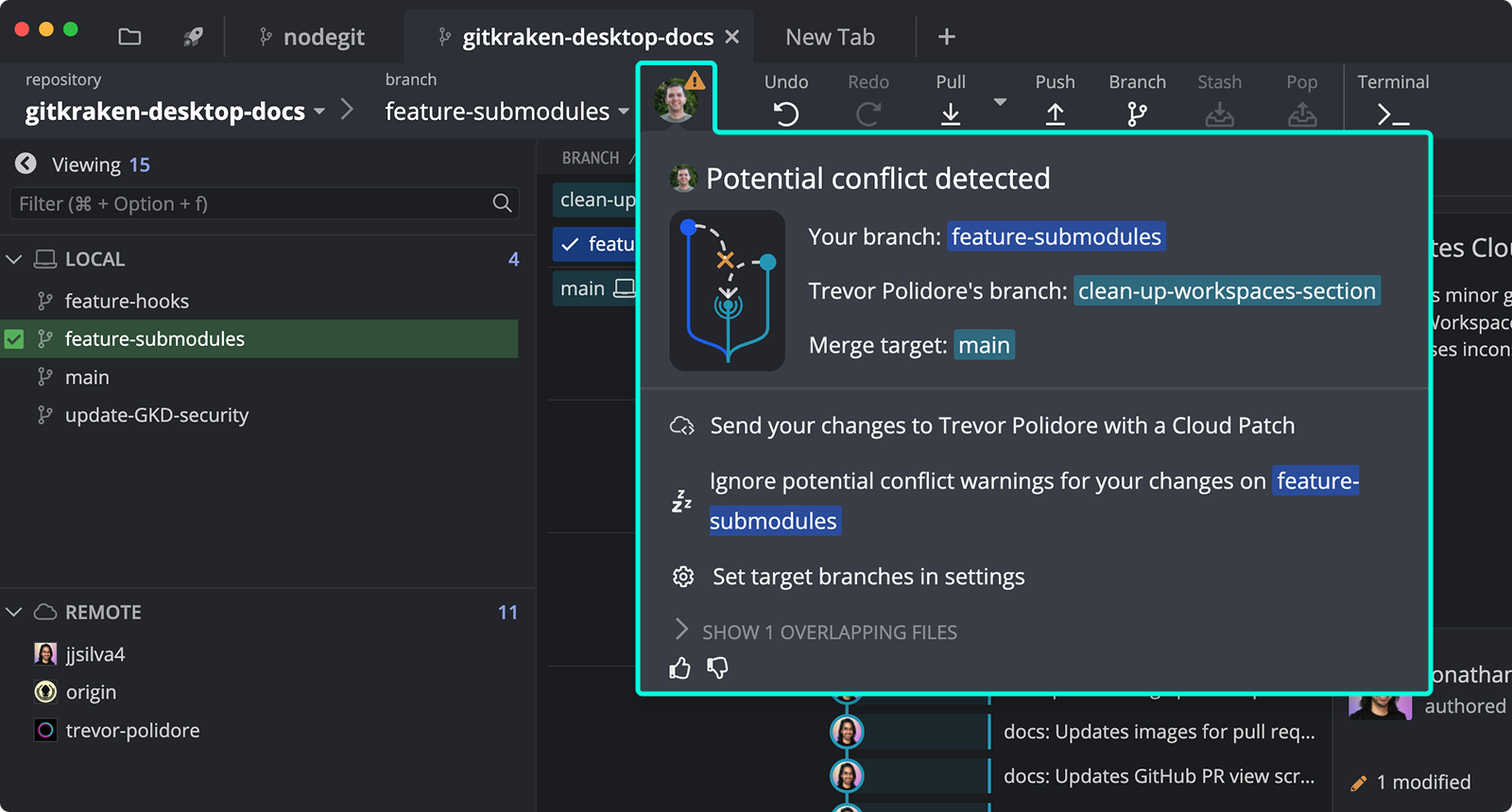Conflict alert dialog in GitKraken showing details about conflicting branches between collaborators with options to resolve or suppress warnings.