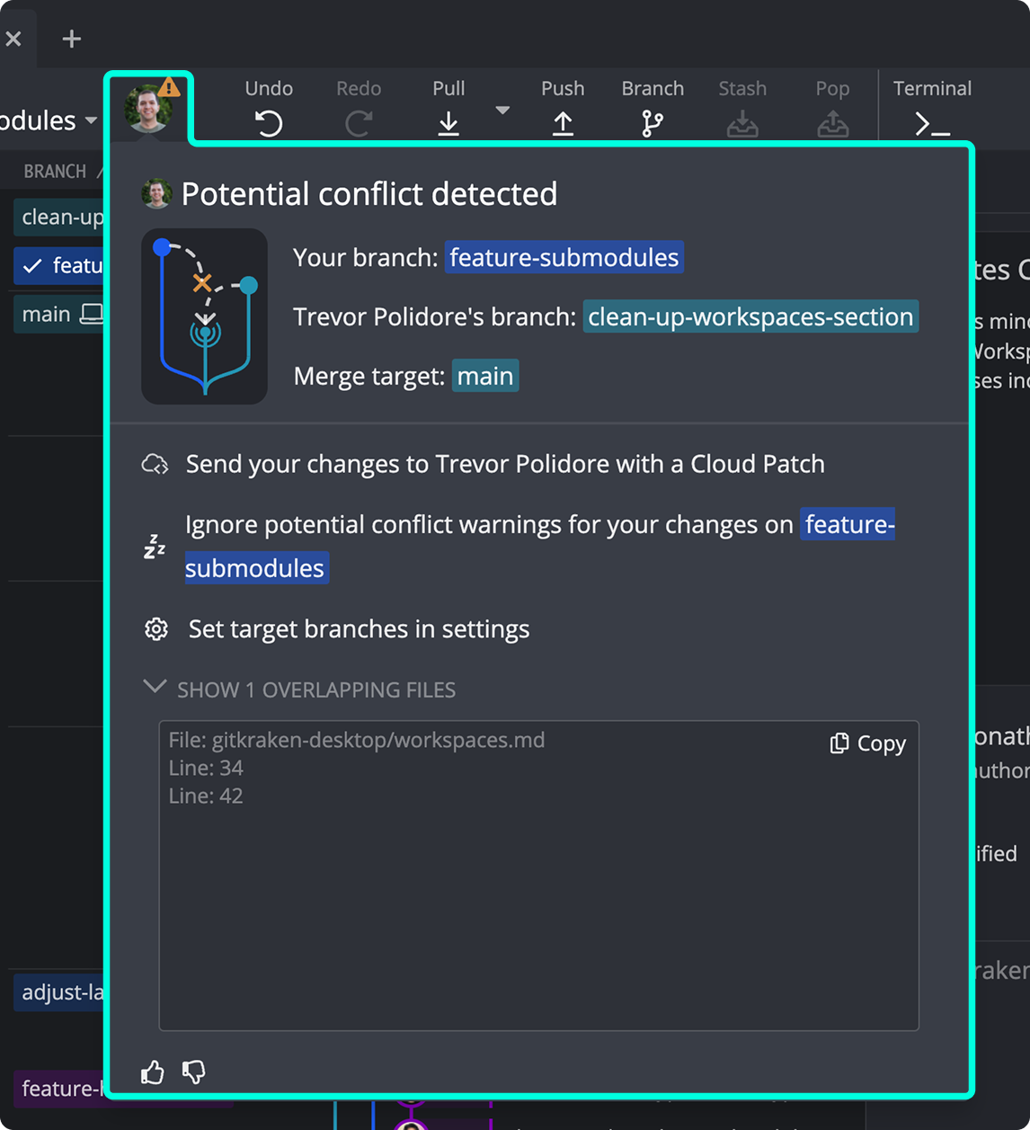Expanded conflict warning in GitKraken showing overlapping files and lines with resolution options.