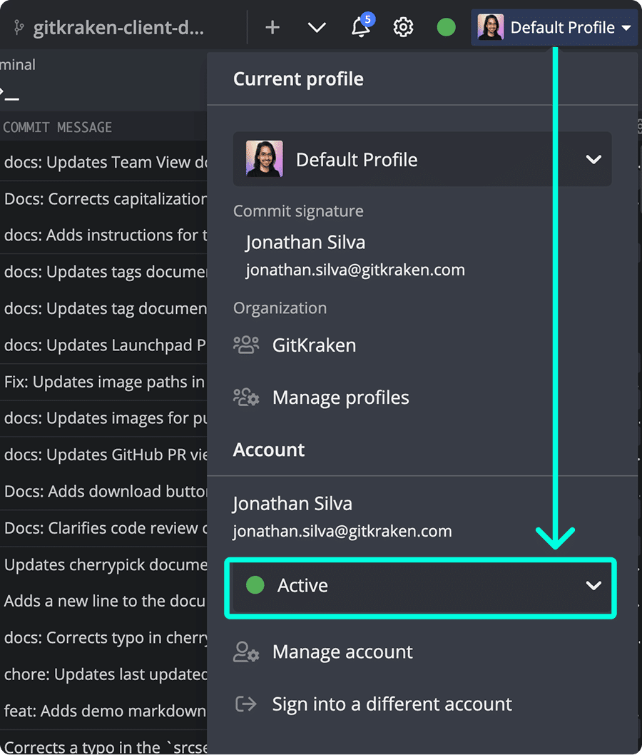 Status toggle in Profile dropdown