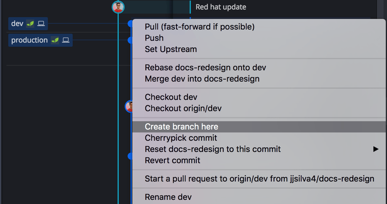 Right-click menu in GitKraken Desktop showing option to create a new branch from a selected commit