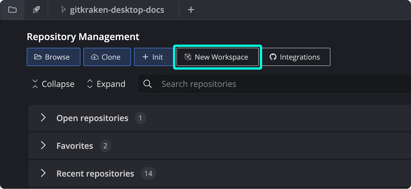 Highlighted 'New Workspace' button in the Repository Management view of GitKraken Desktop.