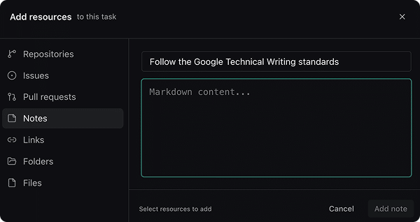 The Add resources dialog with the Notes tab selected, a title field, and a Markdown content area