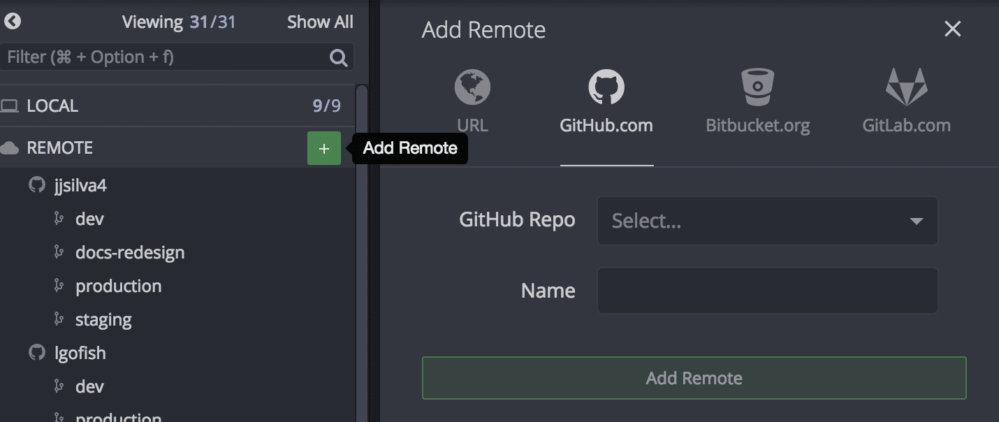Add Remote dialog in GitKraken Desktop with GitHub selected