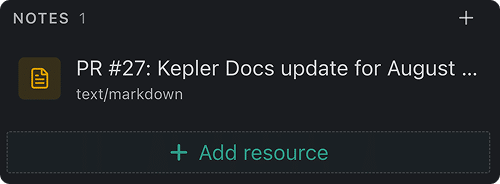 A Notes group in the task view's rail, with a + on the header and an Add resource button below the list