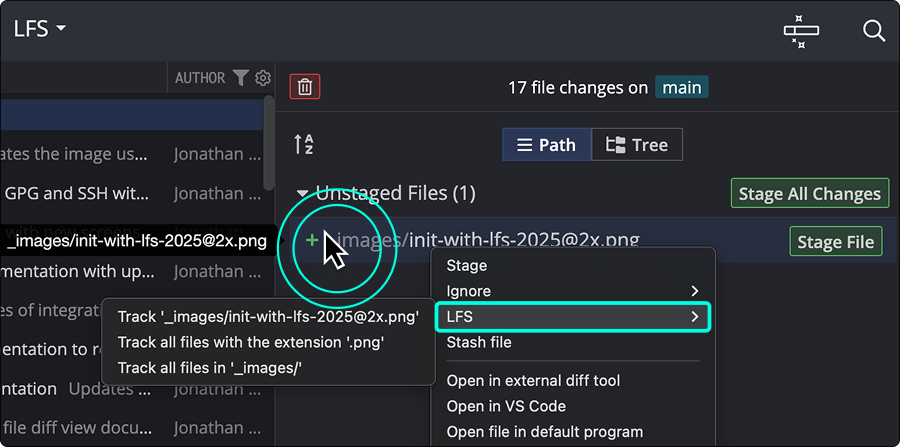 LFS file tracking menu