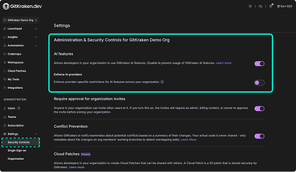 GitKraken AI feature toggle in Security Controls