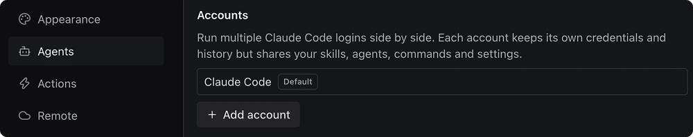 Settings → Agents → Claude Code, showing the Accounts section with a Default account and an Add account button
