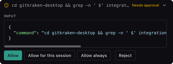 A permission request for a tool call, with its input and Allow, Allow for this session, Allow always, and Reject buttons