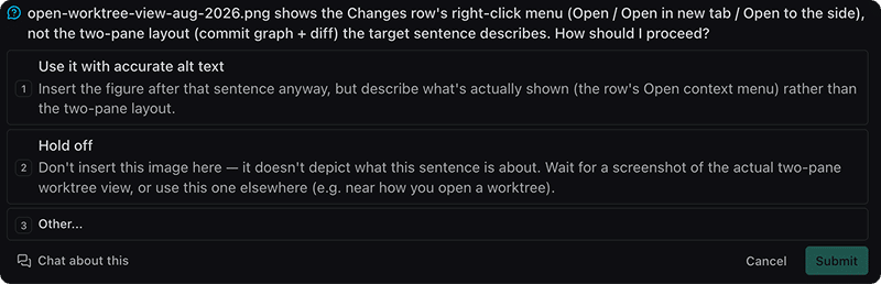A multiple-choice question form in the conversation, with numbered options, Chat about this, Cancel, and Submit