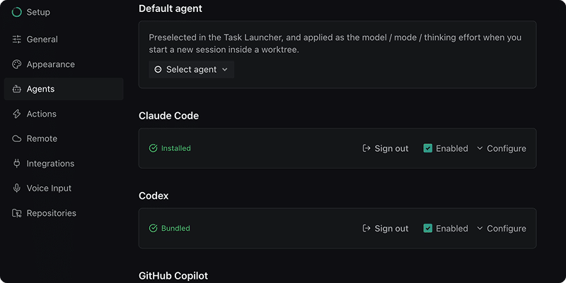 Settings → Agents, showing the Default agent row and the Claude Code and Codex sections with their status badges