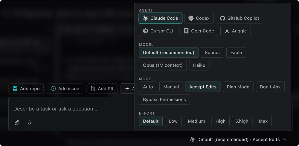 The Agent settings pill's expanded menu, opened from the composer, showing Agent, Model, Mode, and Effort sections