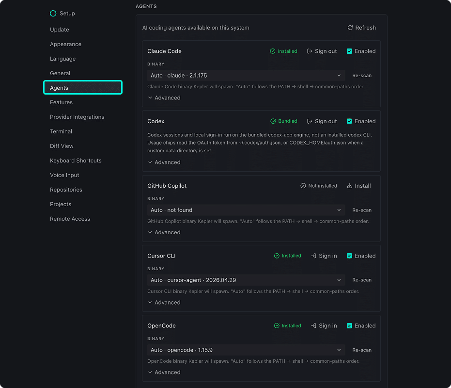 Settings → Agents showing Claude Code (Installed, Enabled), Codex (Bundled, Enabled), GitHub Copilot (Not installed, Install button), Cursor CLI (Installed, Sign in, Enabled), and OpenCode (Installed, Sign in, Enabled), each with a Binary row showing the resolved path and version
