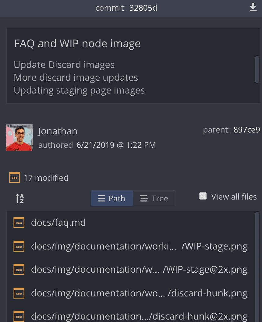 GitKraken Desktop showing a squashed commit with multiple combined messages, ready to be edited by clicking the message area