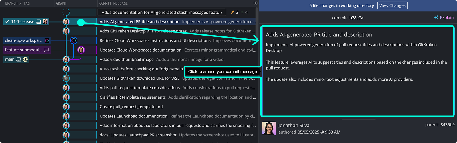 Edit window open showing amended commit message and description using AI-suggested content.