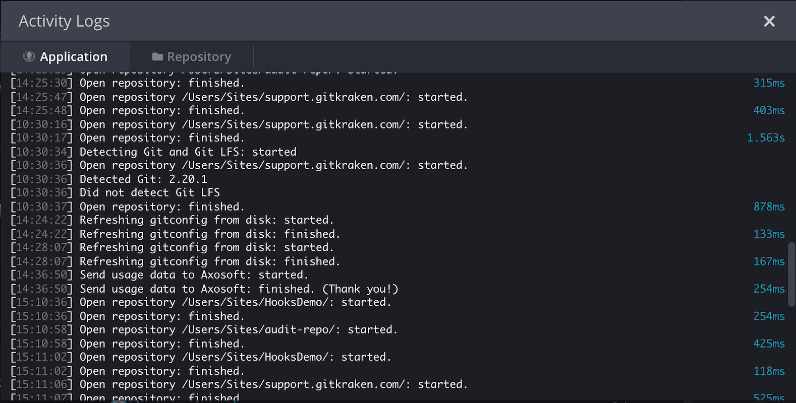 Application activity log in GitKraken Desktop showing timestamps, actions, and durations for tasks like opening repositories and refreshing gitconfig