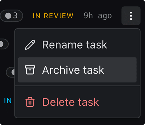 The Archive task confirmation, offering to also delete worktrees and branches