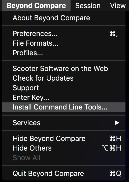 Beyond Compare application menu showing the Install Command Line Tools option.