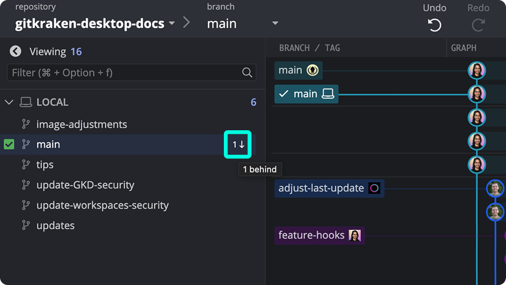 GitKraken Desktop Left Panel showing branch main is 1 commit behind