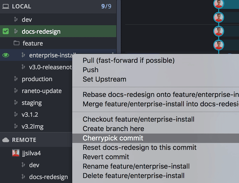Context menu in GitKraken showing option to cherry pick the HEAD commit of a selected branch from the Left Panel.