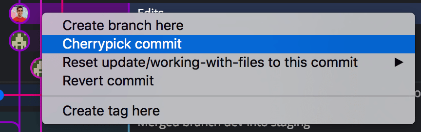 Right-click context menu in GitKraken showing option to cherry pick a commit.