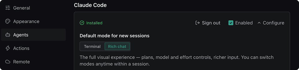 Settings → Agents → Claude Code, with the Default mode for new sessions toggle set to Rich chat