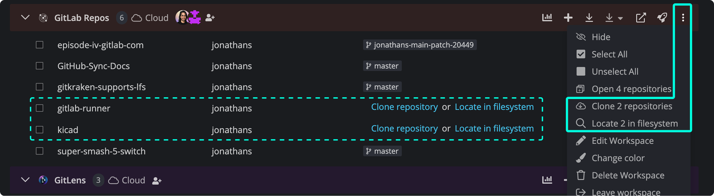 GitKraken Desktop interface showing options to clone or locate selected repositories within a workspace using the context menu.