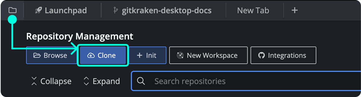 Repository Management tab with the Clone button highlighted in GitKraken Desktop