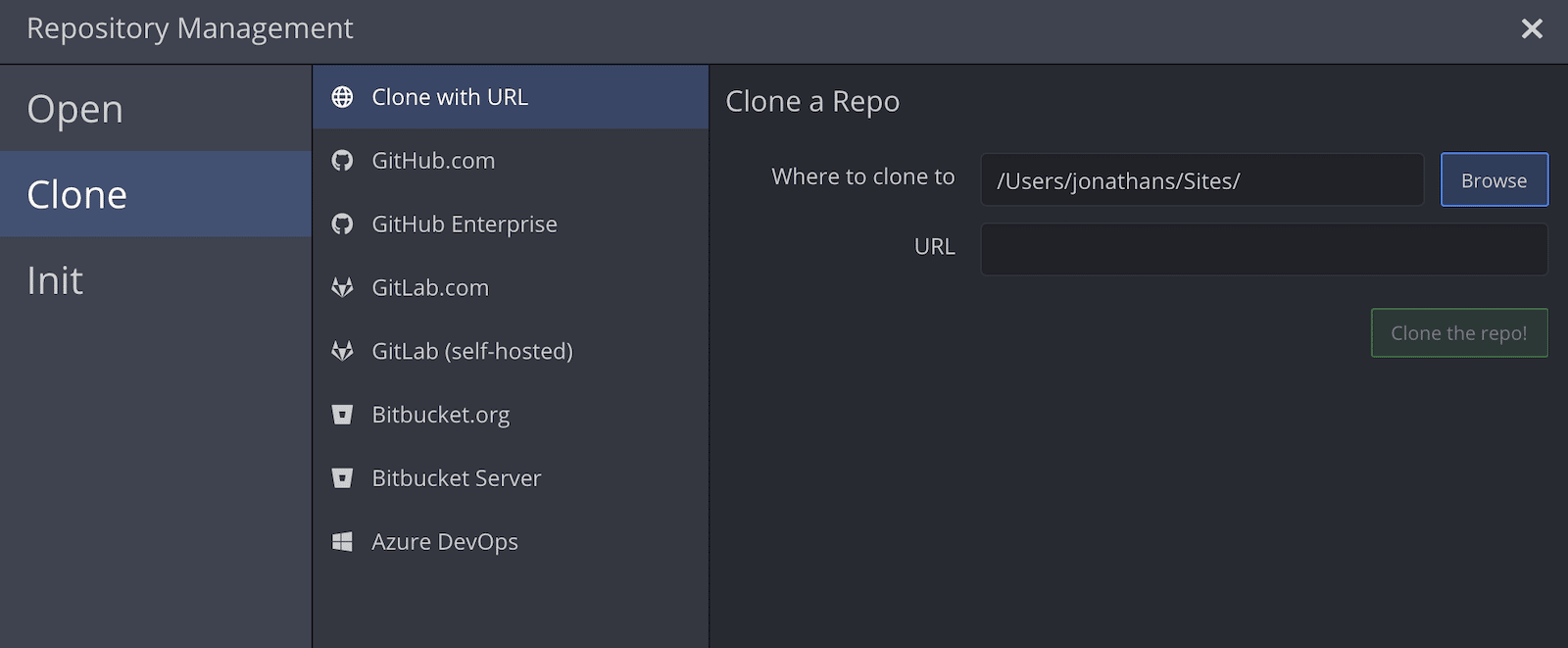 Clone a Repo dialog with URL input and provider options in GitKraken Desktop
