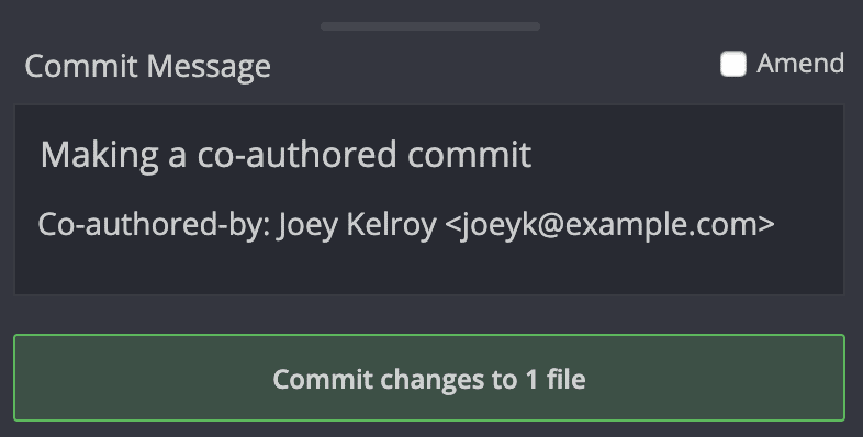 GitKraken commit panel showing a commit message with a co-author attribution line using the format 'Co-authored-by: Name <email>'.