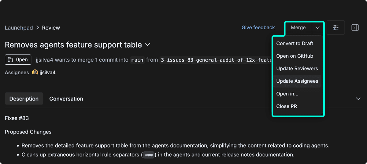 List of actions available through GitKraken.dev Code Review