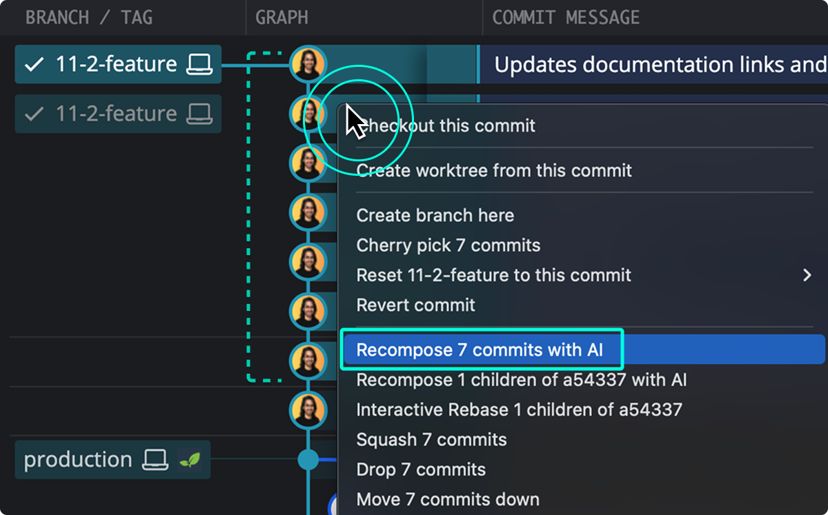 Context menu for a selected commit showing the option to recompose a series of commits with AI.