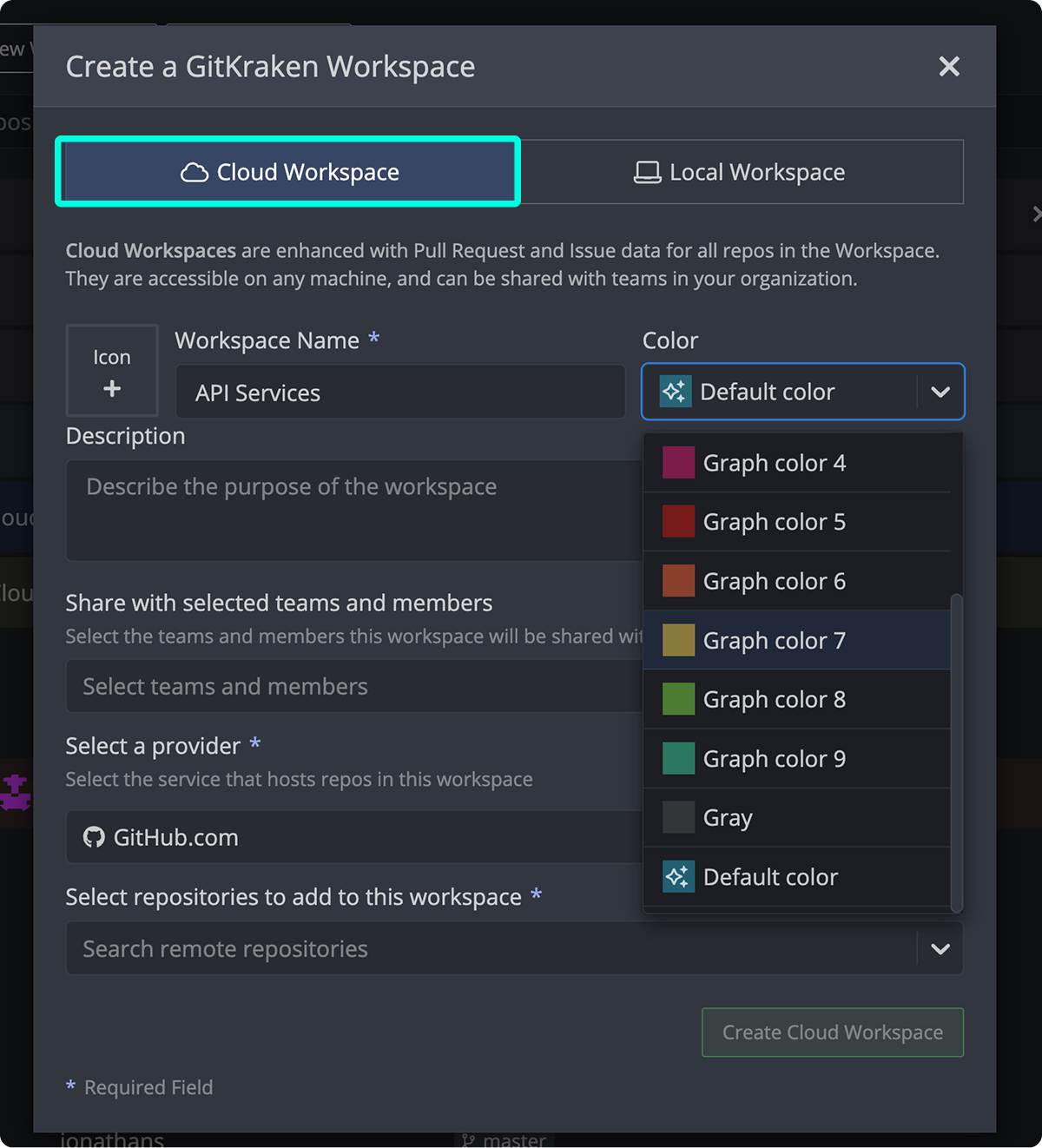 Cloud Workspace creation form in GitKraken Desktop, showing workspace name, color selection, provider, and repository fields.