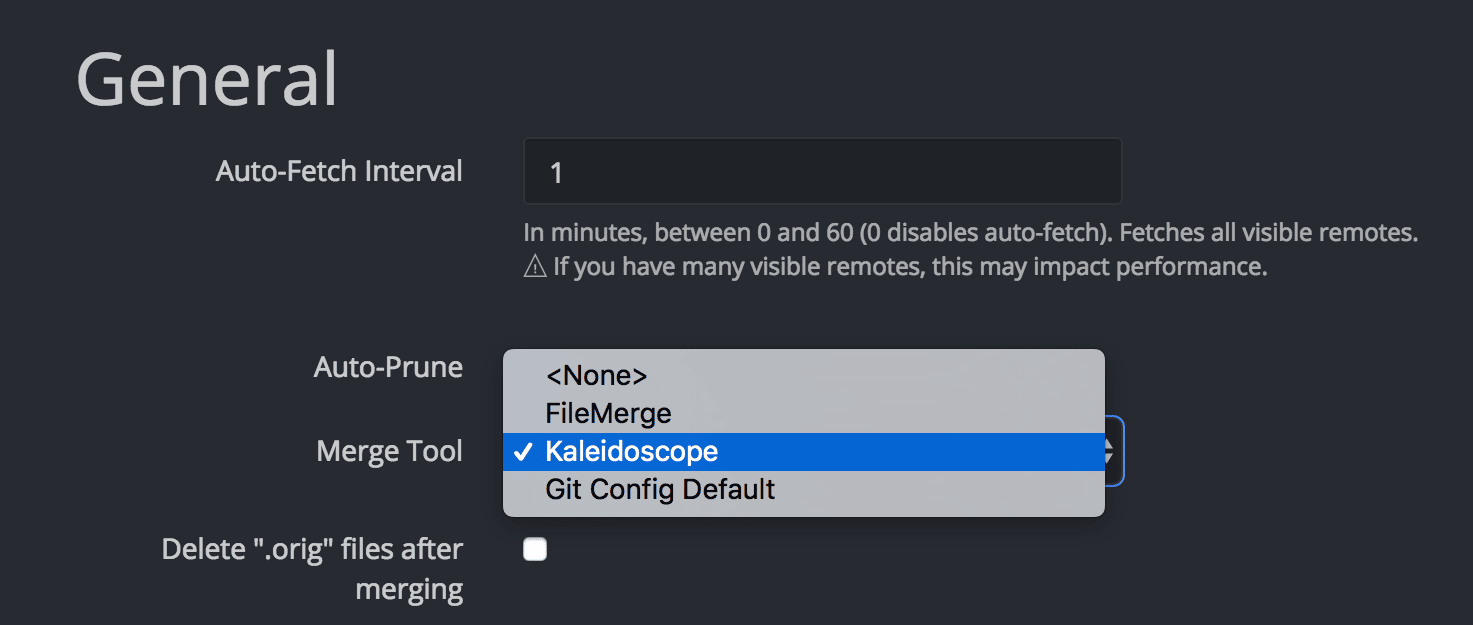 Preferences panel showing merge tool selection dropdown with Kaleidoscope selected.
