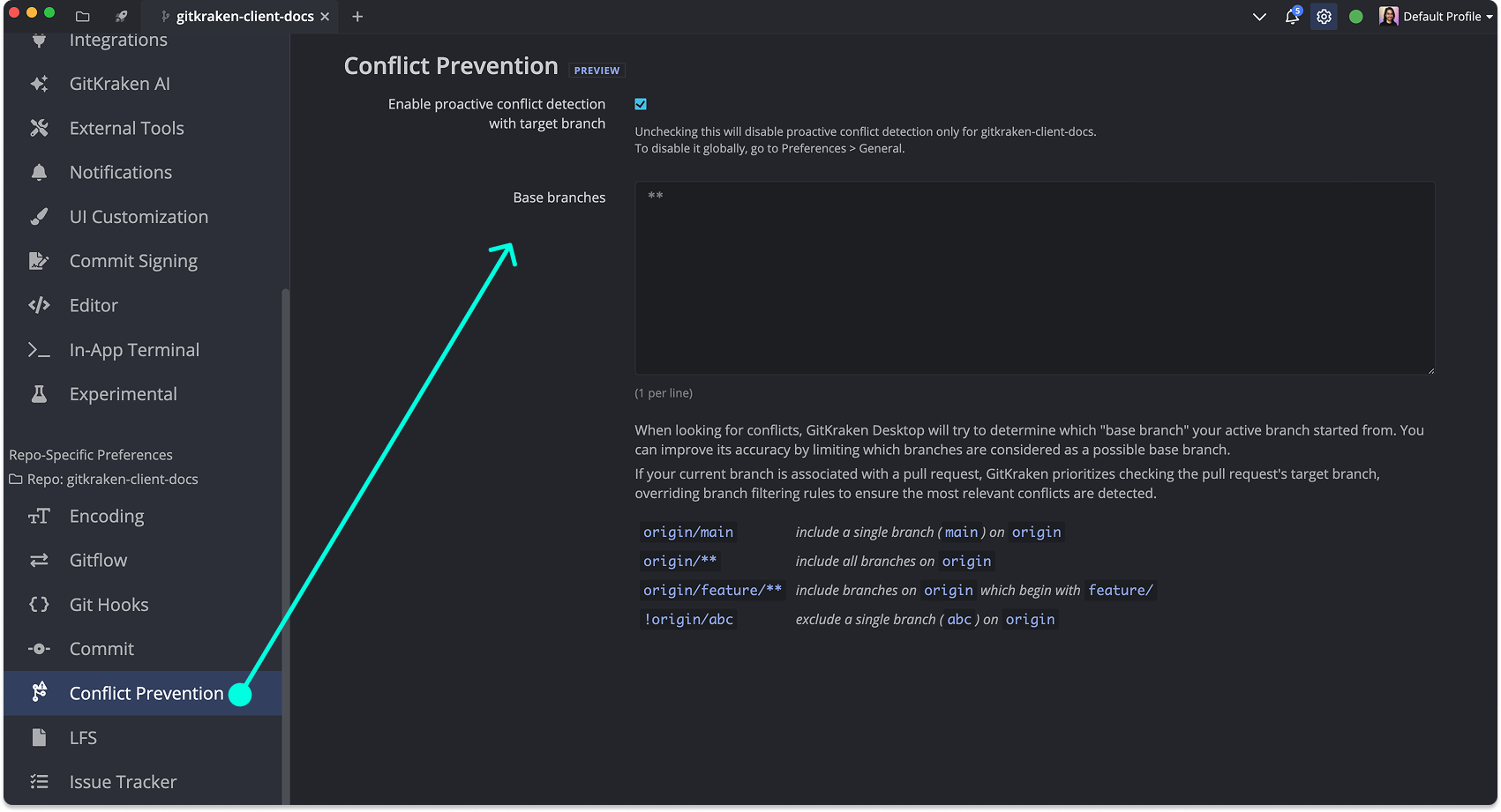 Conflict Prevention settings panel in GitKraken Desktop showing how to define base branches for conflict detection.