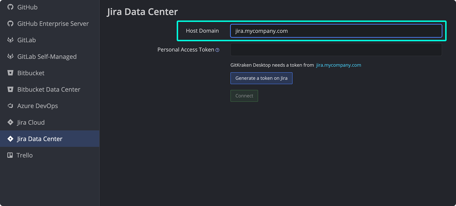 Enter domain and access token for Jira Data Center