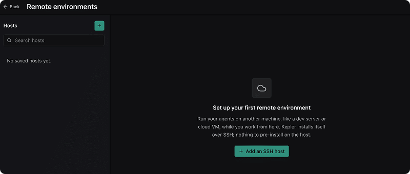 The connections panel's empty state, with no saved hosts on the left and a prompt to add an SSH host on the right