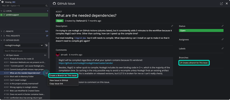 Create branch from GitHub issue