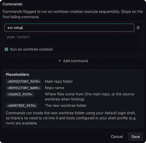 The Commands section of the Edit repo modal, with a command flagged Run on worktree creation and the Placeholders legend beneath it