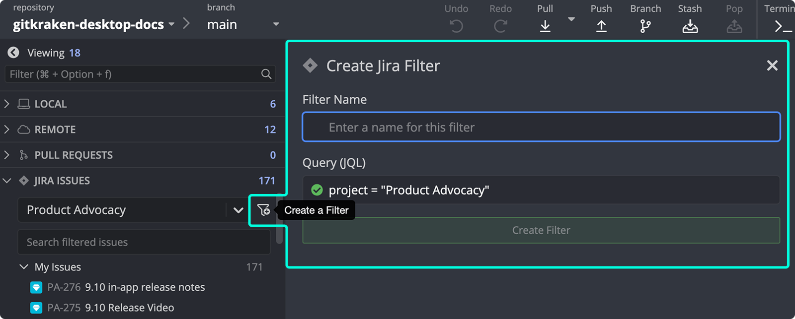 Creating a JQL filter in GitKraken