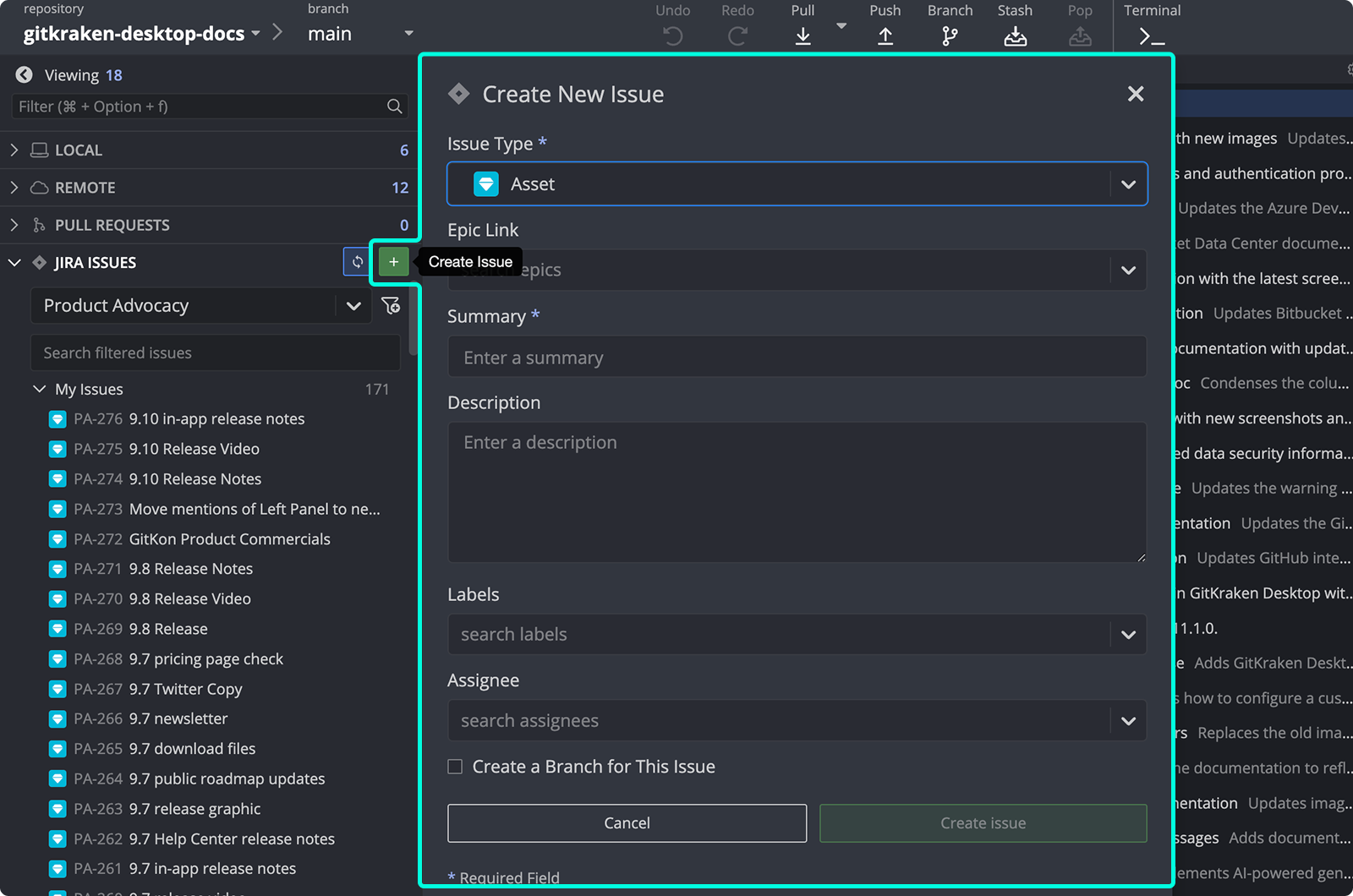 Create new Jira issue from GitKraken
