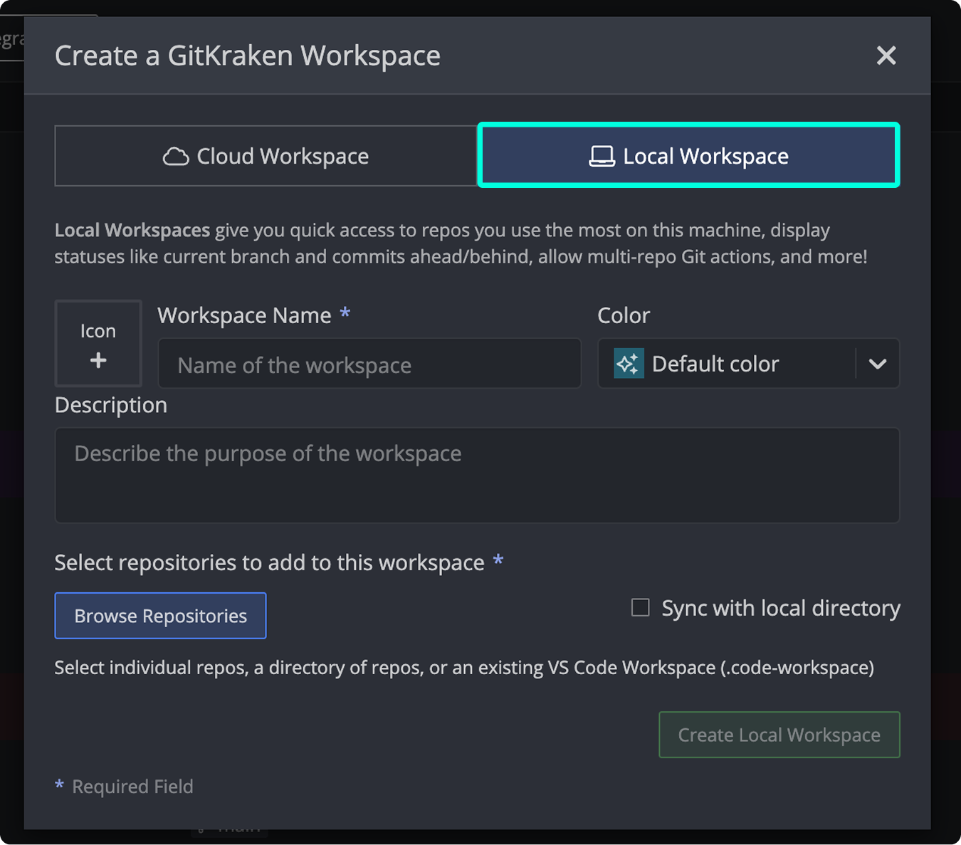 Dialog for creating a Local Workspace in GitKraken Desktop with workspace name, color, and repository options.
