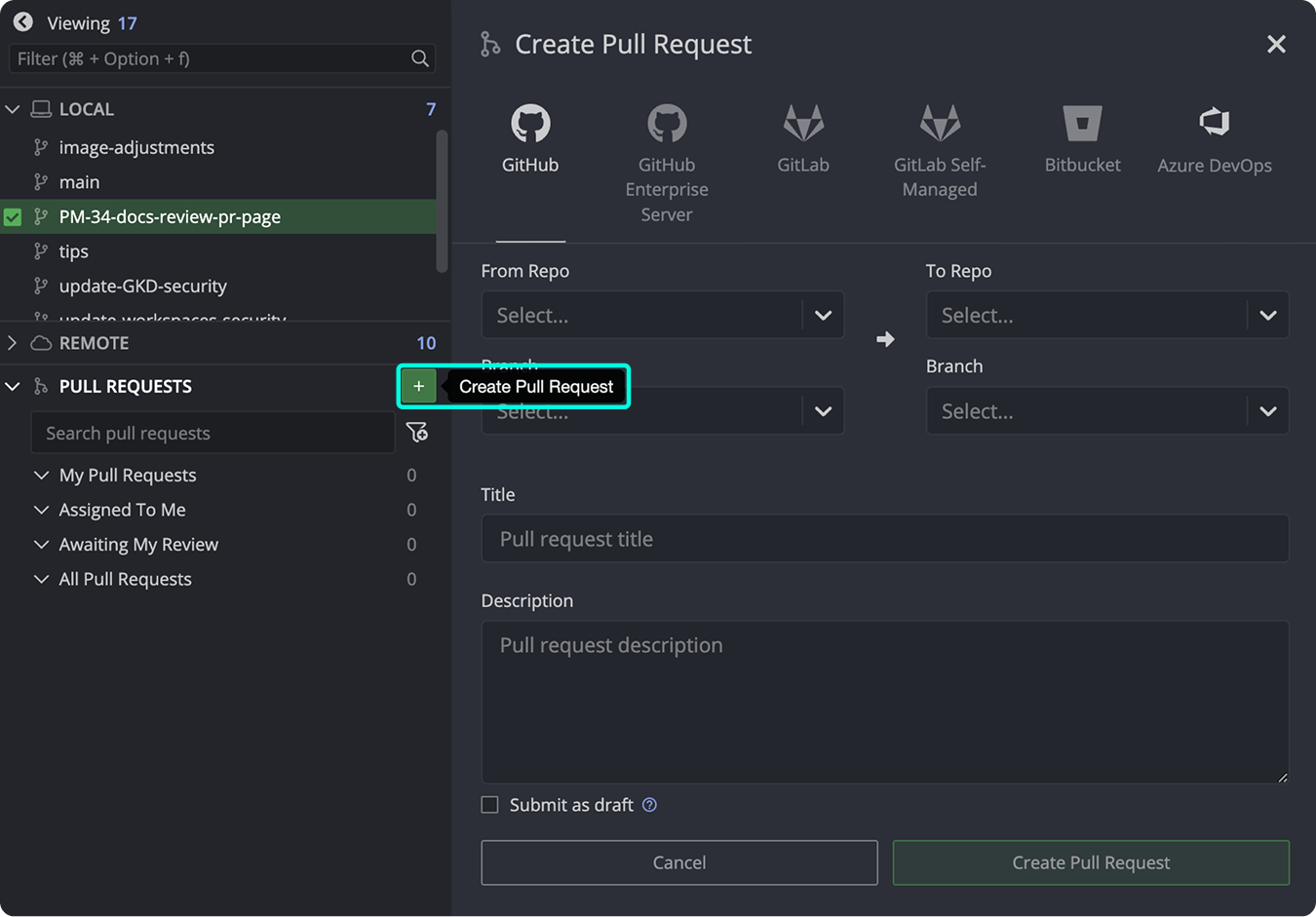 User clicks the plus button in the Pull Requests section of GitKraken Desktop’s Left Panel to open the Create Pull Request interface. The dialog appears with fields to select repositories, branches, title, description, and other PR options.