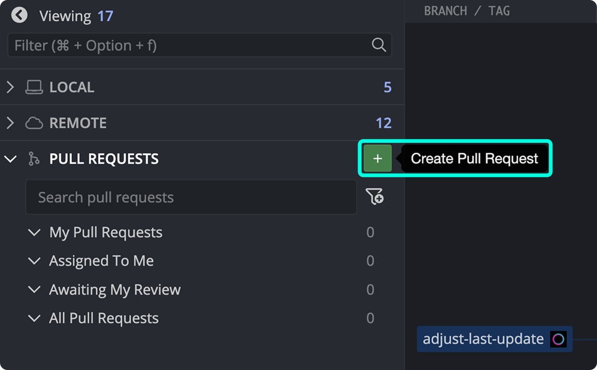 Sidebar showing pull request filters and a highlighted 'Create Pull Request' button.