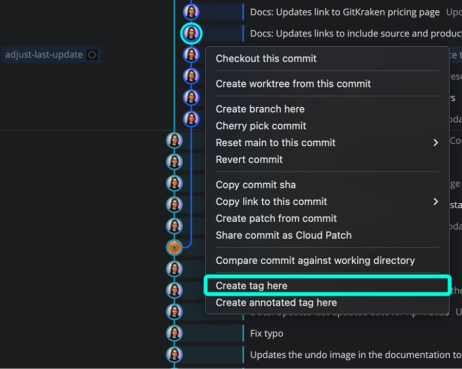 GitKraken Desktop context menu on a commit with options to create tag or annotated tag