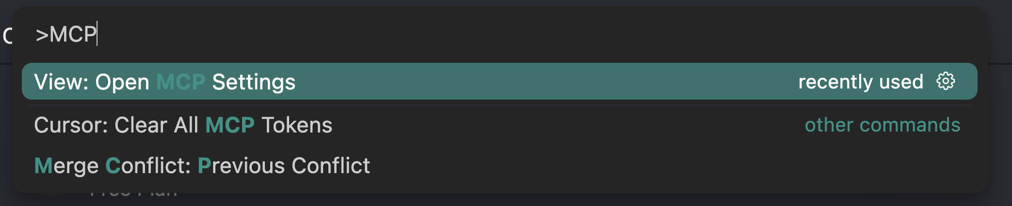 Cursor IDE command palette showing View: Open MCP Settings.