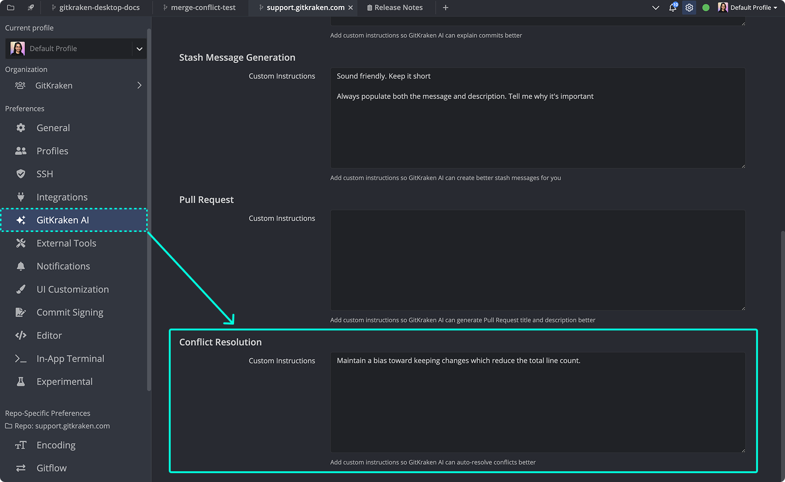 GitKraken AI settings panel with editable fields for customizing instructions related to stash messages, pull requests, and conflict resolution.