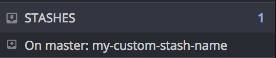 Custom-named stash labeled 'my-custom-stash-name' displayed under STASHES in the GitKraken Left Panel on the master branch