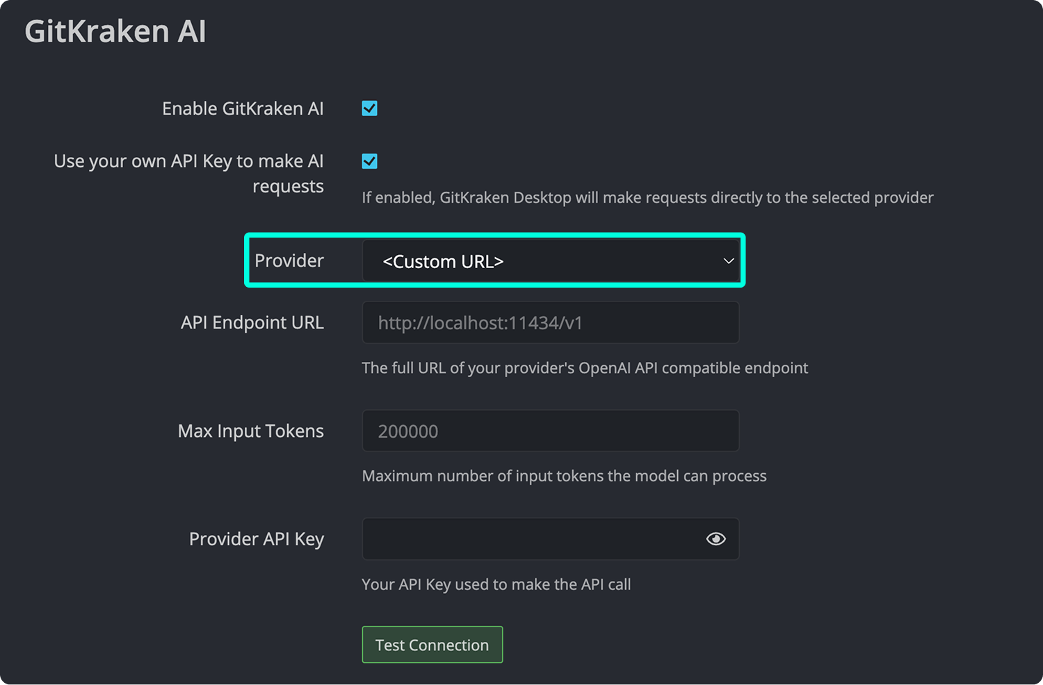 Custom AI provider settings in GitKraken showing provider, endpoint URL, token limit, and API key fields.