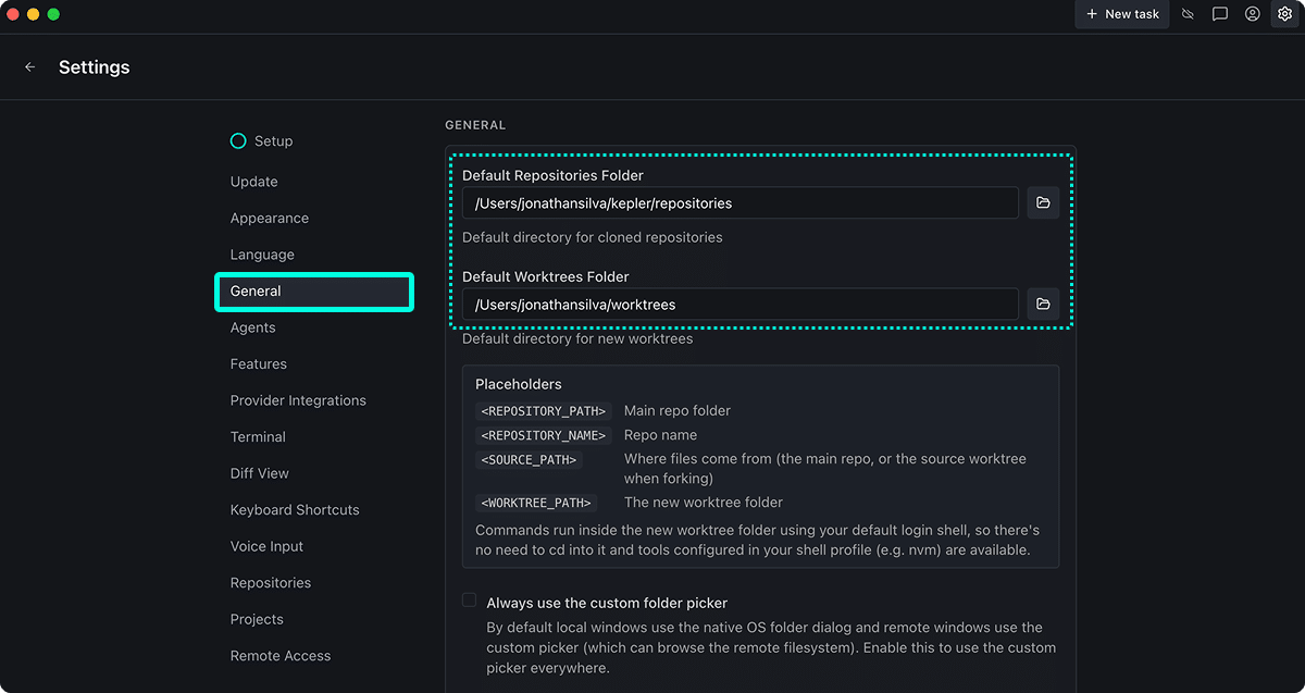 Settings → General showing Default Repositories Folder set to /Users/jonathansilva/kepler/repositories and Default Worktrees Folder set to /Users/jonathansilva/worktrees, both highlighted with a teal dashed border, and a Placeholders table below